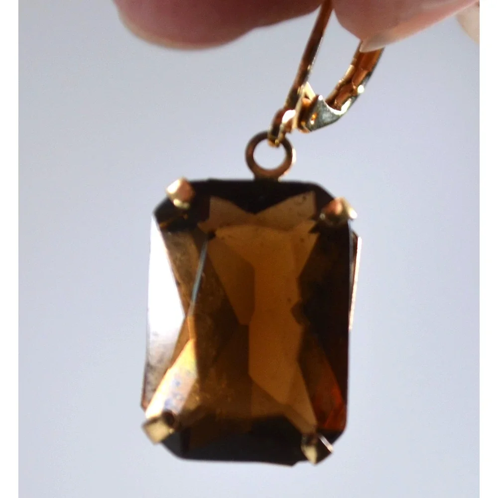 Gold Tone Dark Brown Amber Crystal Lever-back Earrings 1.5